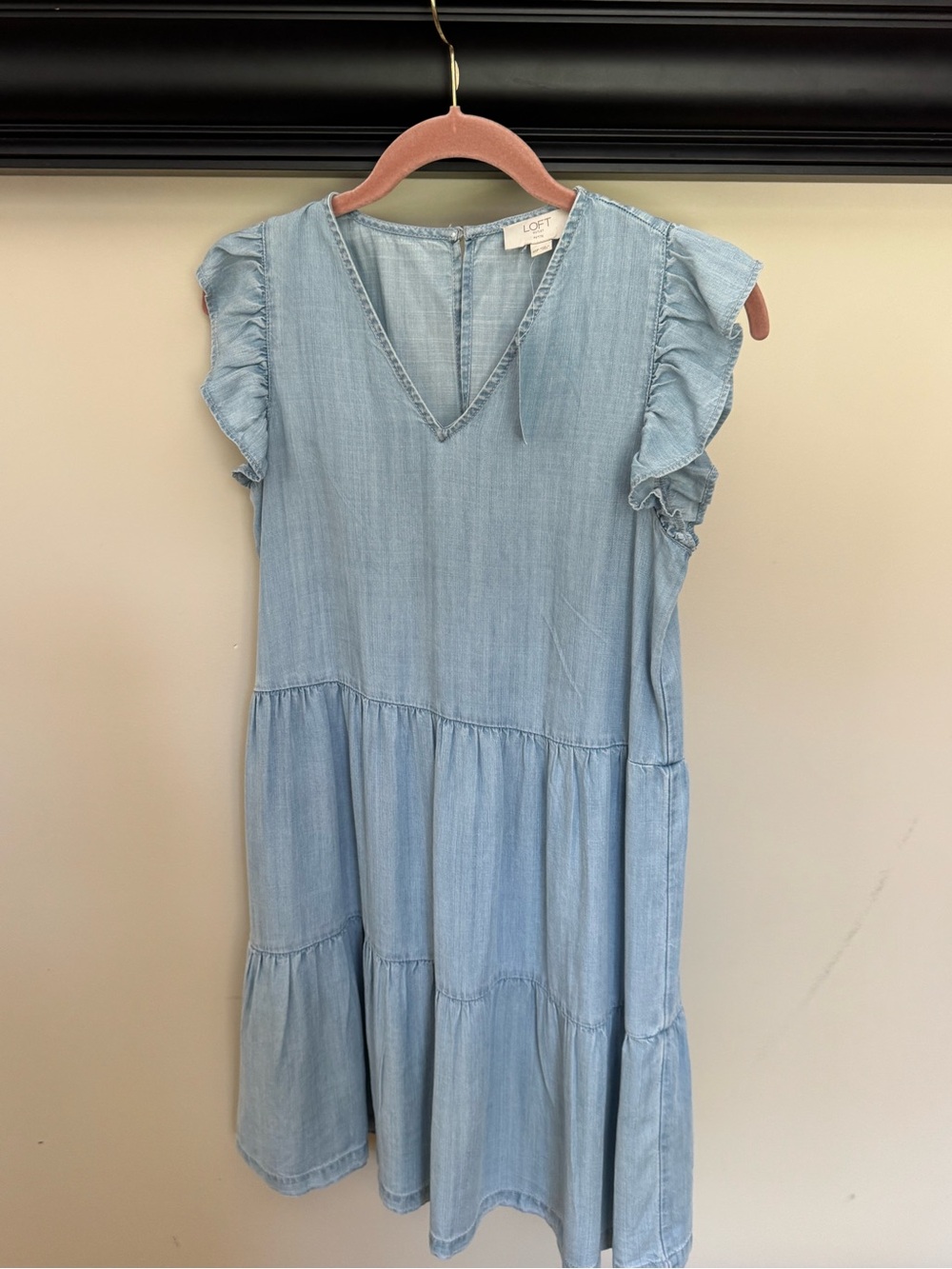 LOFT Light Blue Chambray V-Neck Tiered Ruffle Sleeve Dress
